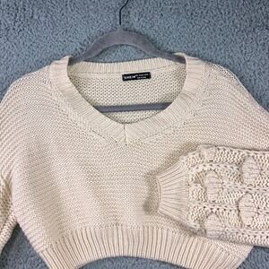 Women Chunky Cropped Sweater‎ Women Large V Neck Balloon Sleeve Open Knit